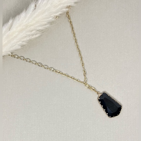 Large Black Glass Pendant Elegant Necklace - Dressy Boho Trendy Necklace - Picture 8 of 14